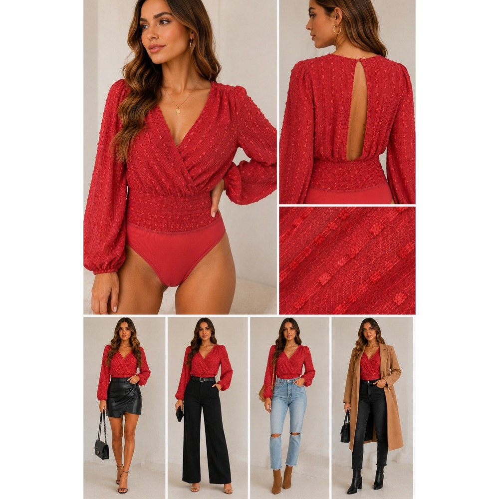 Skylar Rose Bodysuit‎ XS Red Clip Dot Long Sleeve Smocked Waist Open Back NWT